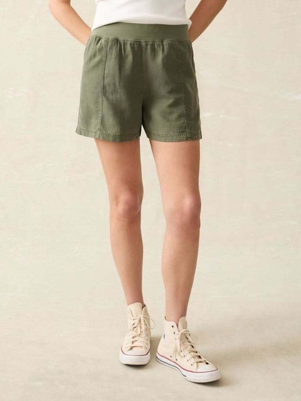 Faherty Arlie Day Shorts Womens Olive Green Elastic Waist Linen Cotton Sz XS